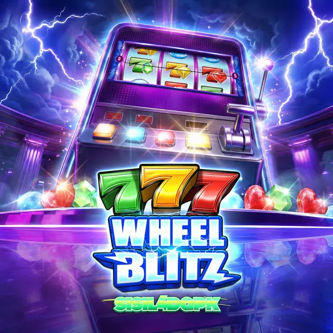 Tampilan visual mesin slot 777 Wheel Blitz dengan simbol permata dan roda bonus.